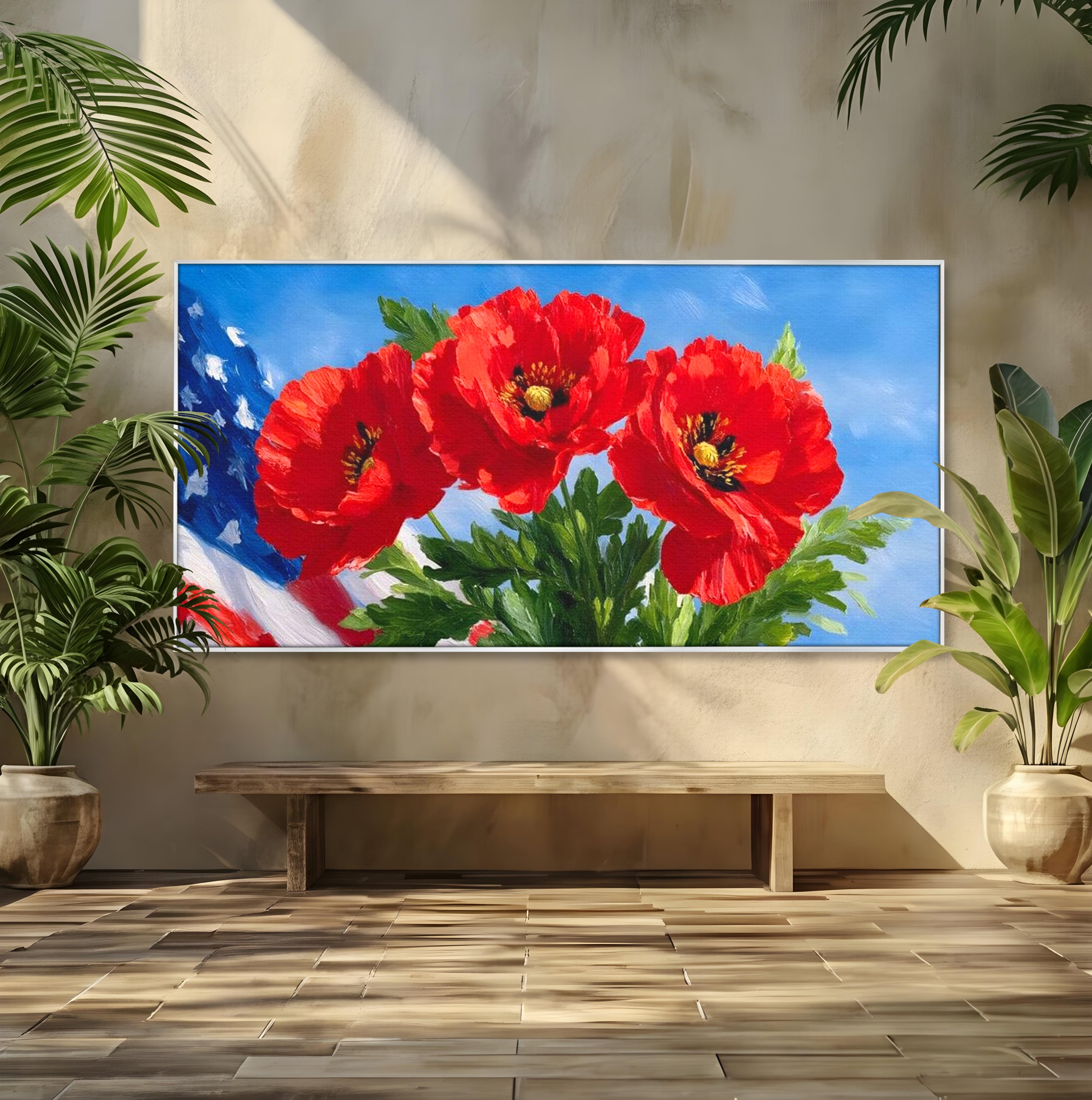 Tablou canvas cu tablou pictura cu trei maci, in rama de aluminiu argintiu